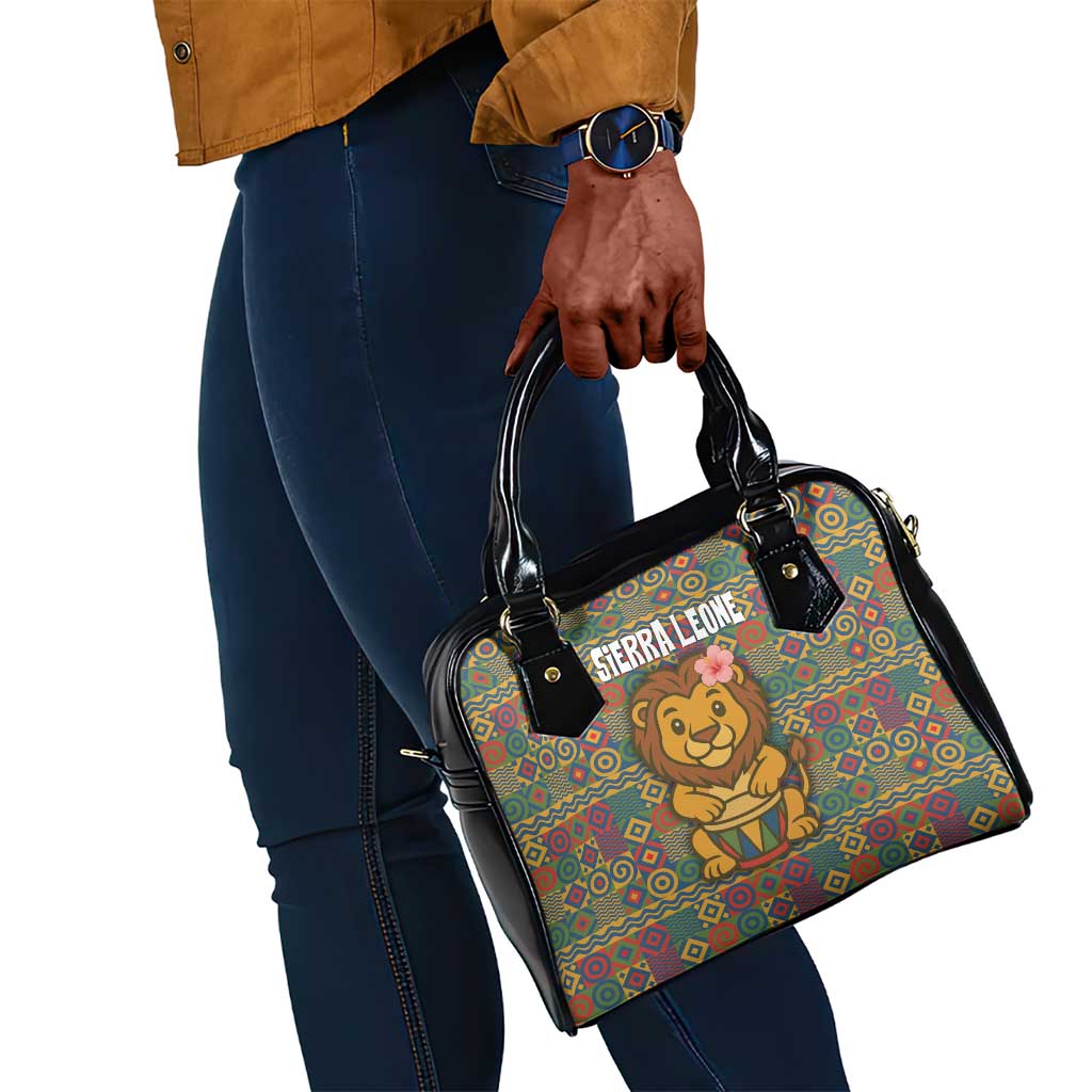 Sierra Leone Shoulder Handbag - Cute Lion Playing Djembe Drum and Tribal Pattern Design