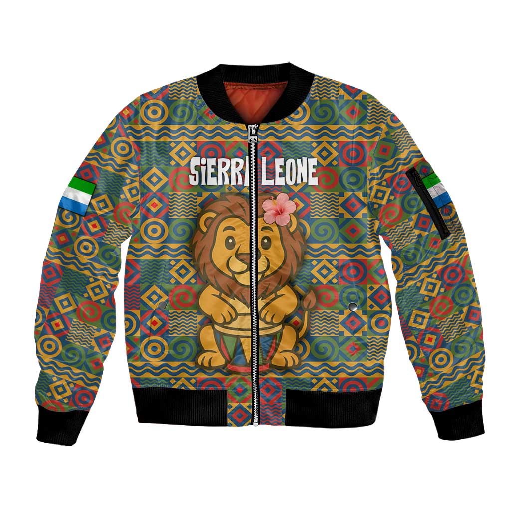 Sierra Leone Sleeve Zip Bomber Jacket - Cute Lion Playing Djembe Drum and Tribal Pattern Design