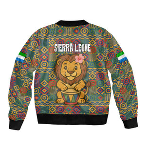 Sierra Leone Sleeve Zip Bomber Jacket - Cute Lion Playing Djembe Drum and Tribal Pattern Design