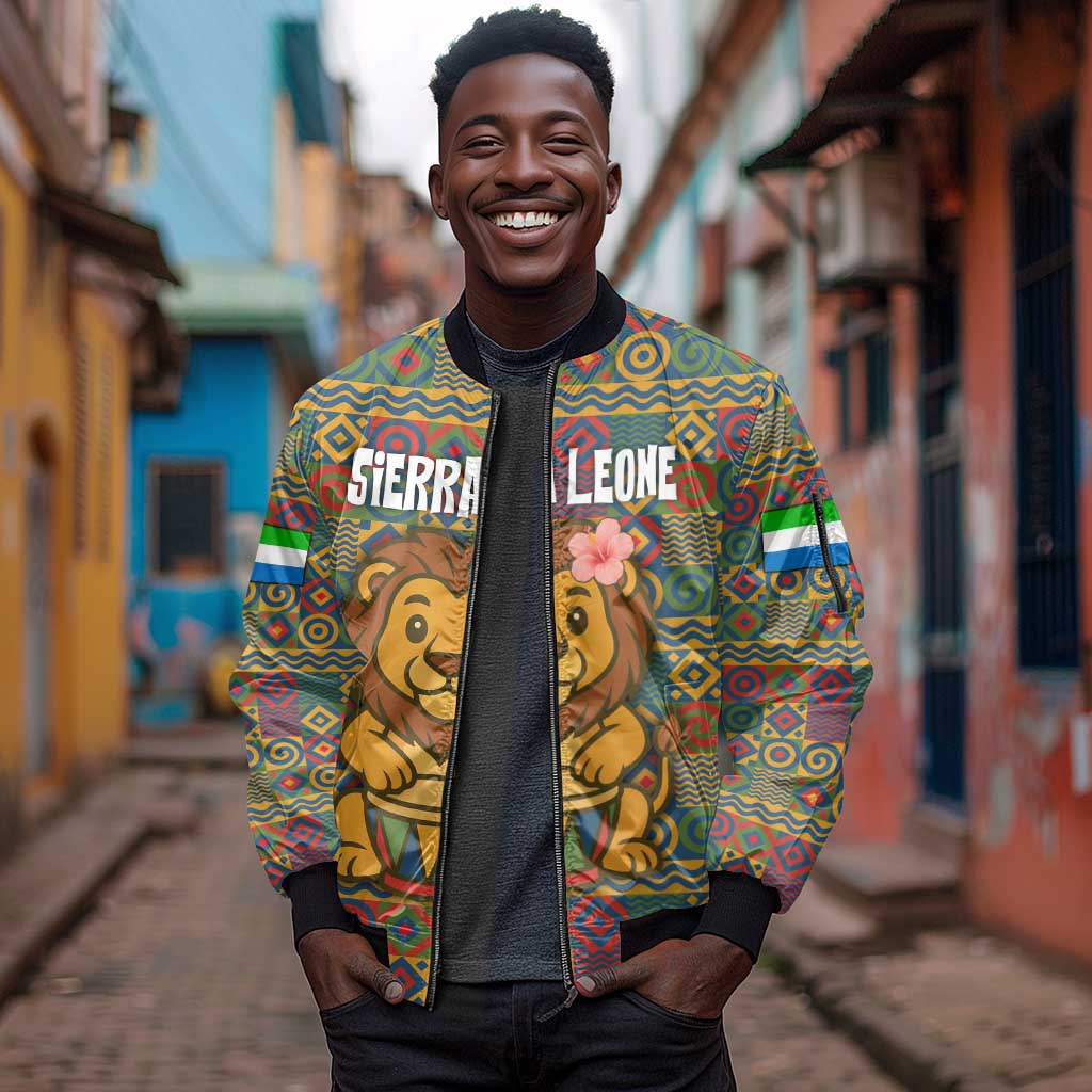 Sierra Leone Sleeve Zip Bomber Jacket - Cute Lion Playing Djembe Drum and Tribal Pattern Design