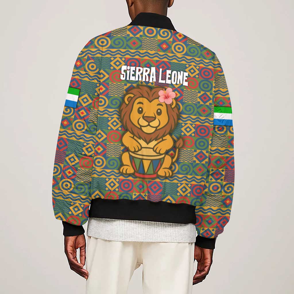 Sierra Leone Sleeve Zip Bomber Jacket - Cute Lion Playing Djembe Drum and Tribal Pattern Design