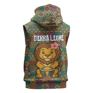 Sierra Leone Sleeveless Hoodie - Cute Lion Playing Djembe Drum and Tribal Pattern Design - African Pride