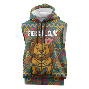 Sierra Leone Sleeveless Zip Hoodie - Cute Lion Playing Djembe Drum and Tribal Pattern Design - African Pride