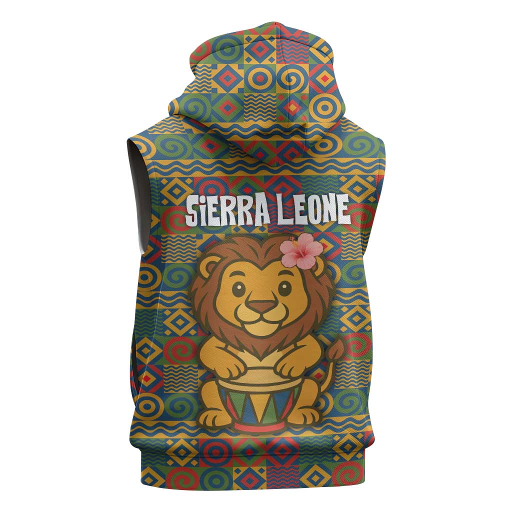 Sierra Leone Sleeveless Zip Hoodie - Cute Lion Playing Djembe Drum and Tribal Pattern Design - African Pride