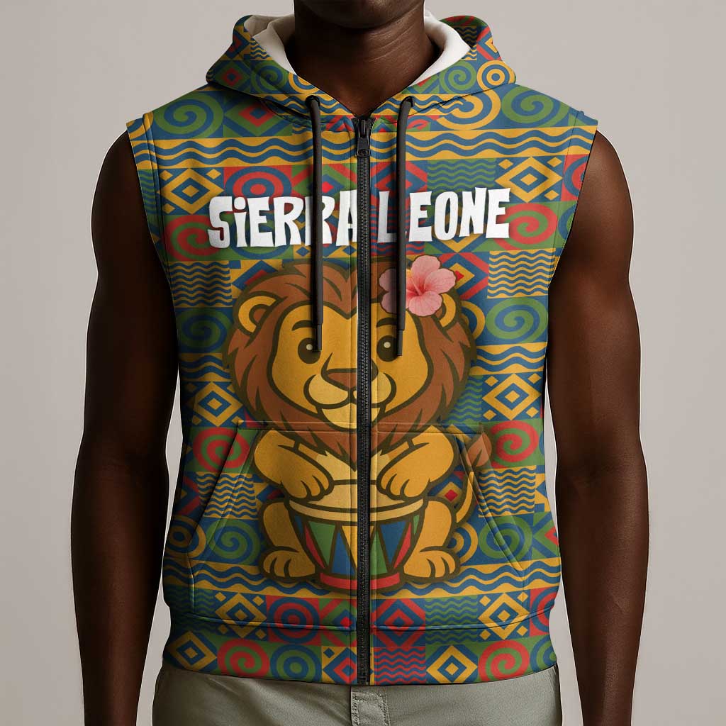 Sierra Leone Sleeveless Zip Hoodie - Cute Lion Playing Djembe Drum and Tribal Pattern Design - African Pride