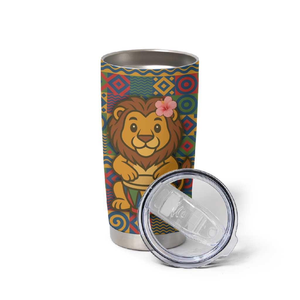 Sierra Leone Tumbler Cup - Cute Lion Playing Djembe Drum and Tribal Pattern Design