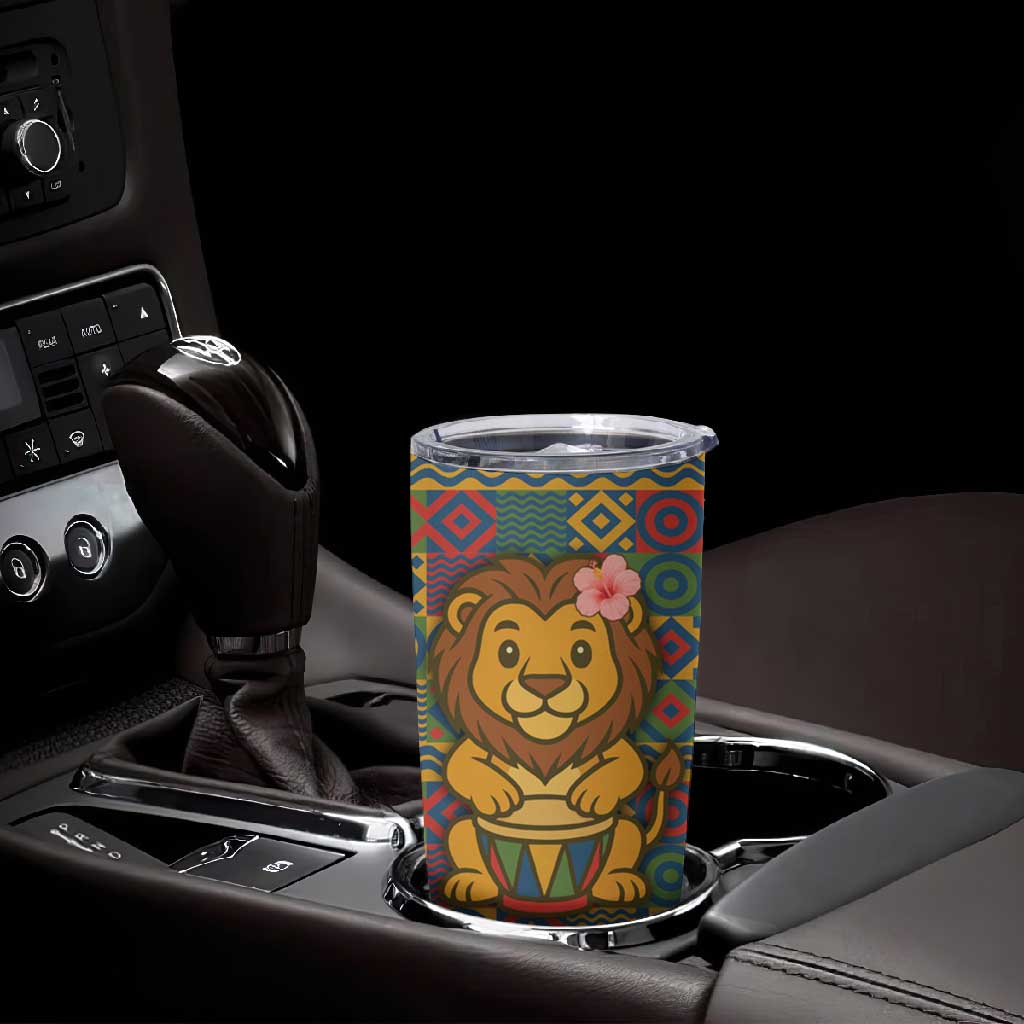 Sierra Leone Tumbler Cup - Cute Lion Playing Djembe Drum and Tribal Pattern Design