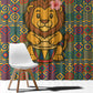 Sierra Leone Window Curtain - Cute Lion Playing Djembe Drum and Tribal Pattern Design