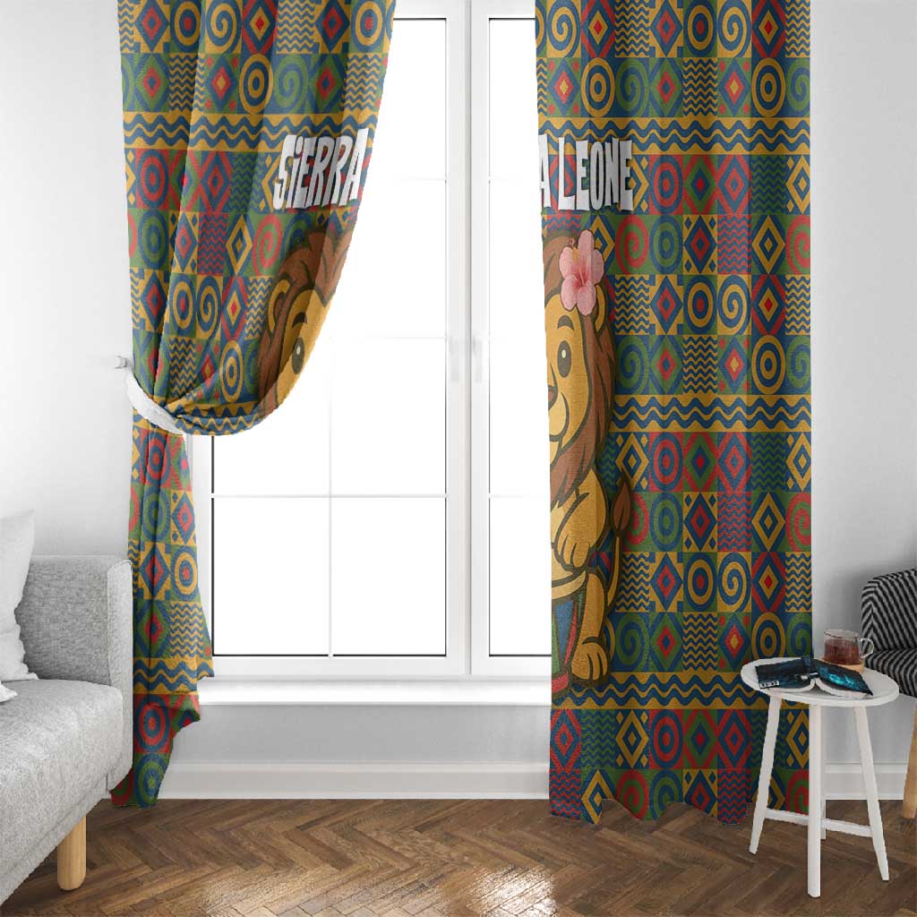 Sierra Leone Window Curtain - Cute Lion Playing Djembe Drum and Tribal Pattern Design
