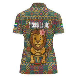 Sierra Leone Women Polo Shirt - Cute Lion Playing Djembe Drum and Tribal Pattern Design