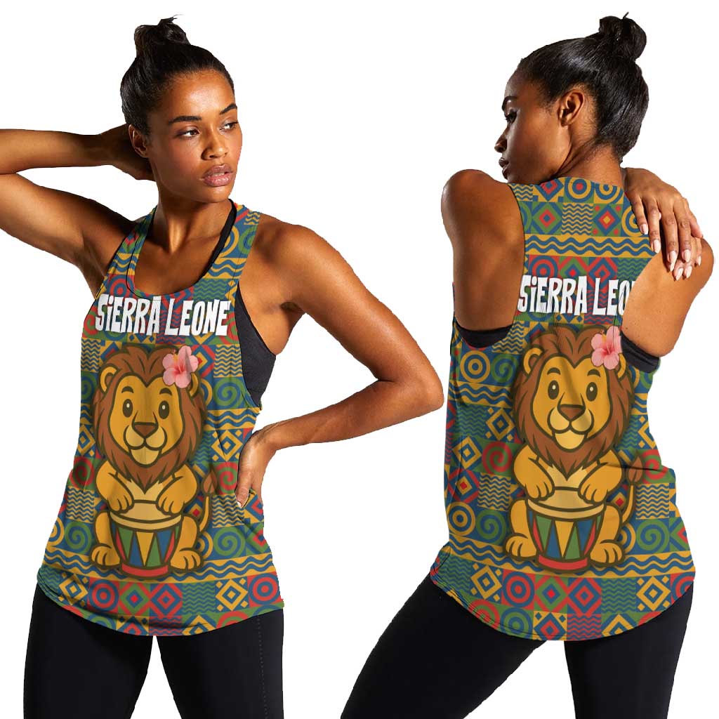 Sierra Leone Women Racerback Tank - Cute Lion Playing Djembe Drum and Tribal Pattern Design