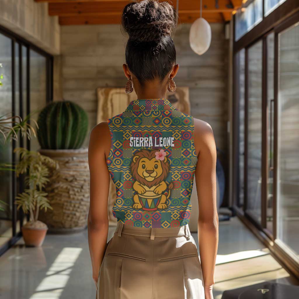 Sierra Leone Women Sleeveless Polo Shirt - Cute Lion Playing Djembe Drum and Tribal Pattern Design