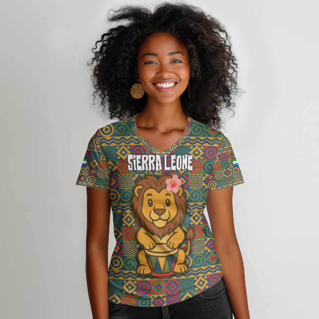 Sierra Leone Women V-Neck T-Shirt - Cute Lion Playing Djembe Drum and Tribal Pattern Design