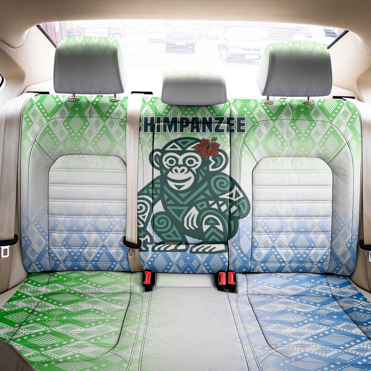 Sierra Leone Back Car Seat Cover - Tribal Chimpanzee Design and Green Blue Gradient Pattern