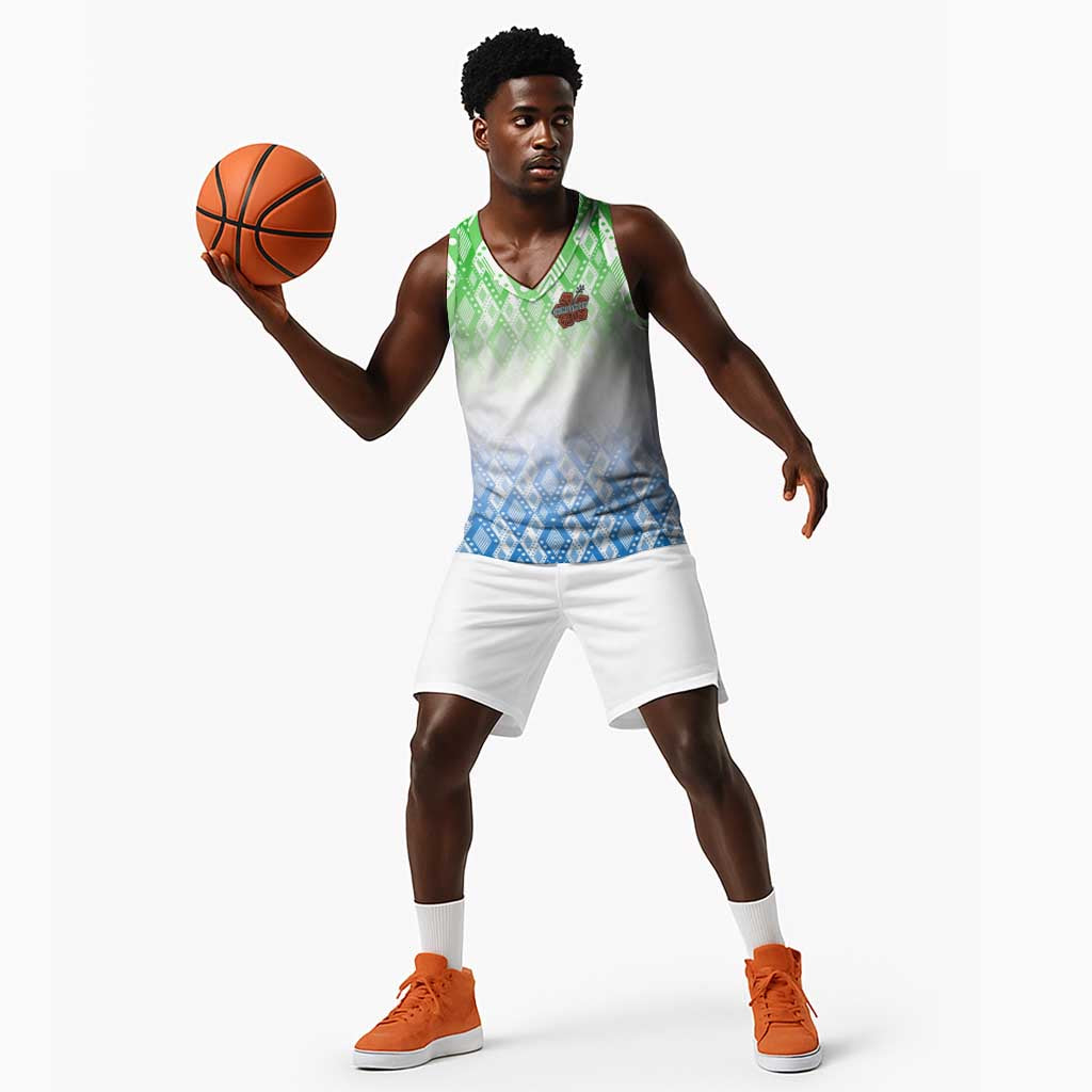 Sierra Leone Basketball Jersey - Tribal Chimpanzee Design and Green Blue Gradient Pattern TS04