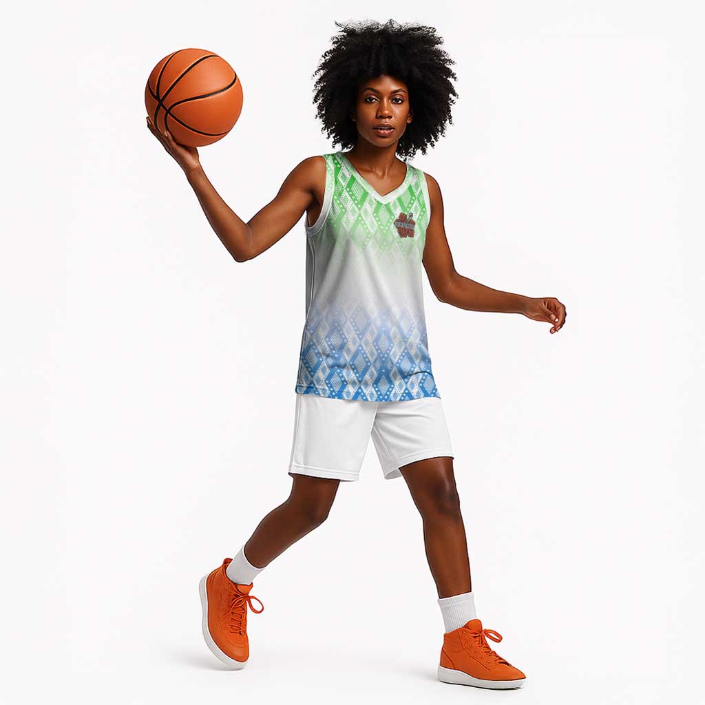 Sierra Leone Basketball Jersey - Tribal Chimpanzee Design and Green Blue Gradient Pattern TS04