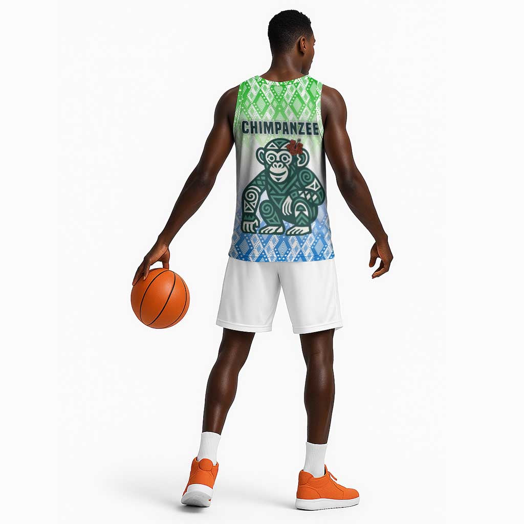 Sierra Leone Basketball Jersey - Tribal Chimpanzee Design and Green Blue Gradient Pattern TS04