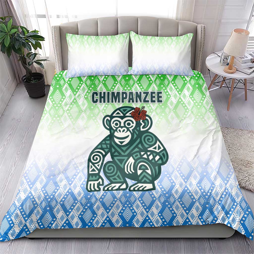 Sierra Leone Bedding Set - Tribal Chimpanzee Design and Green Blue Gradient Pattern