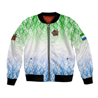 Sierra Leone Bomber Jacket - Tribal Chimpanzee Design and Green Blue Gradient Pattern