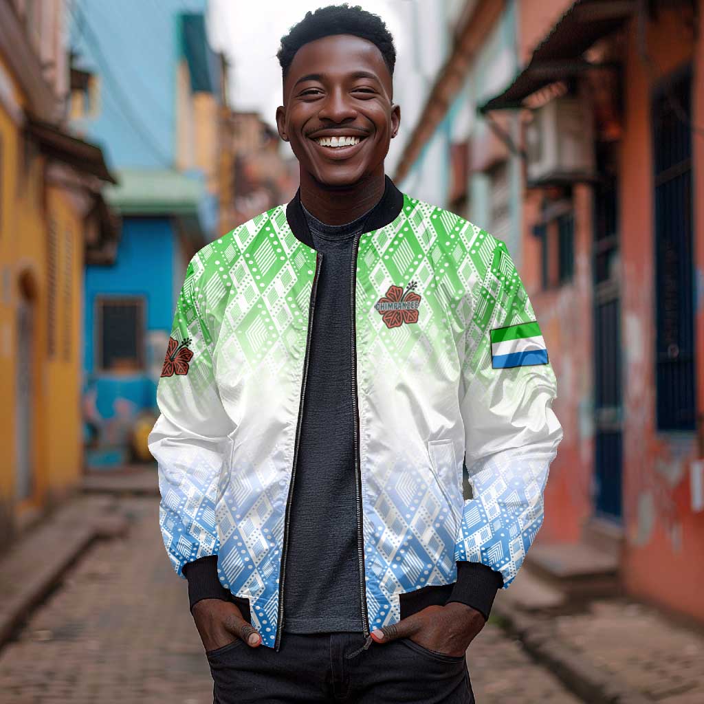 Sierra Leone Bomber Jacket - Tribal Chimpanzee Design and Green Blue Gradient Pattern