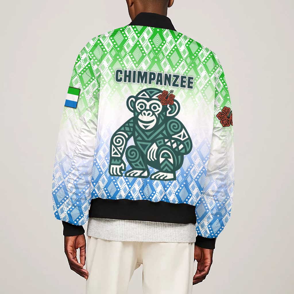 Sierra Leone Bomber Jacket - Tribal Chimpanzee Design and Green Blue Gradient Pattern