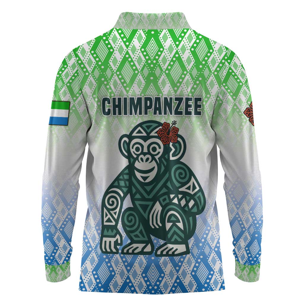 Sierra Leone Long Sleeve Polo Shirt - Tribal Chimpanzee Design and Green Blue Gradient Pattern