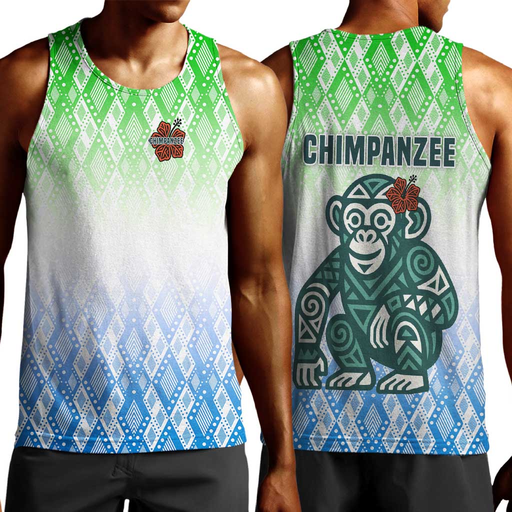Sierra Leone Men Tank Top - Tribal Chimpanzee Design and Green Blue Gradient Pattern