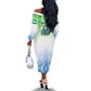 Sierra Leone Off The Shoulder Long Sleeve Dress - Tribal Chimpanzee Design and Green Blue Gradient Pattern