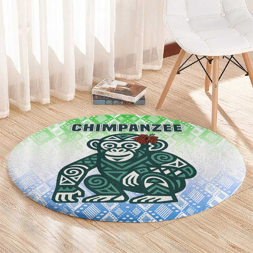 Sierra Leone Round Carpet - Tribal Chimpanzee Design and Green Blue Gradient Pattern