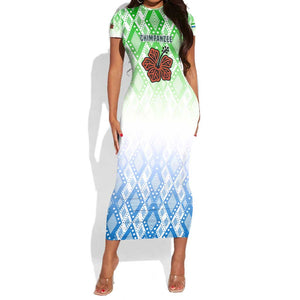 Sierra Leone Short Sleeve Bodycon Dress - Tribal Chimpanzee Design and Green Blue Gradient Pattern