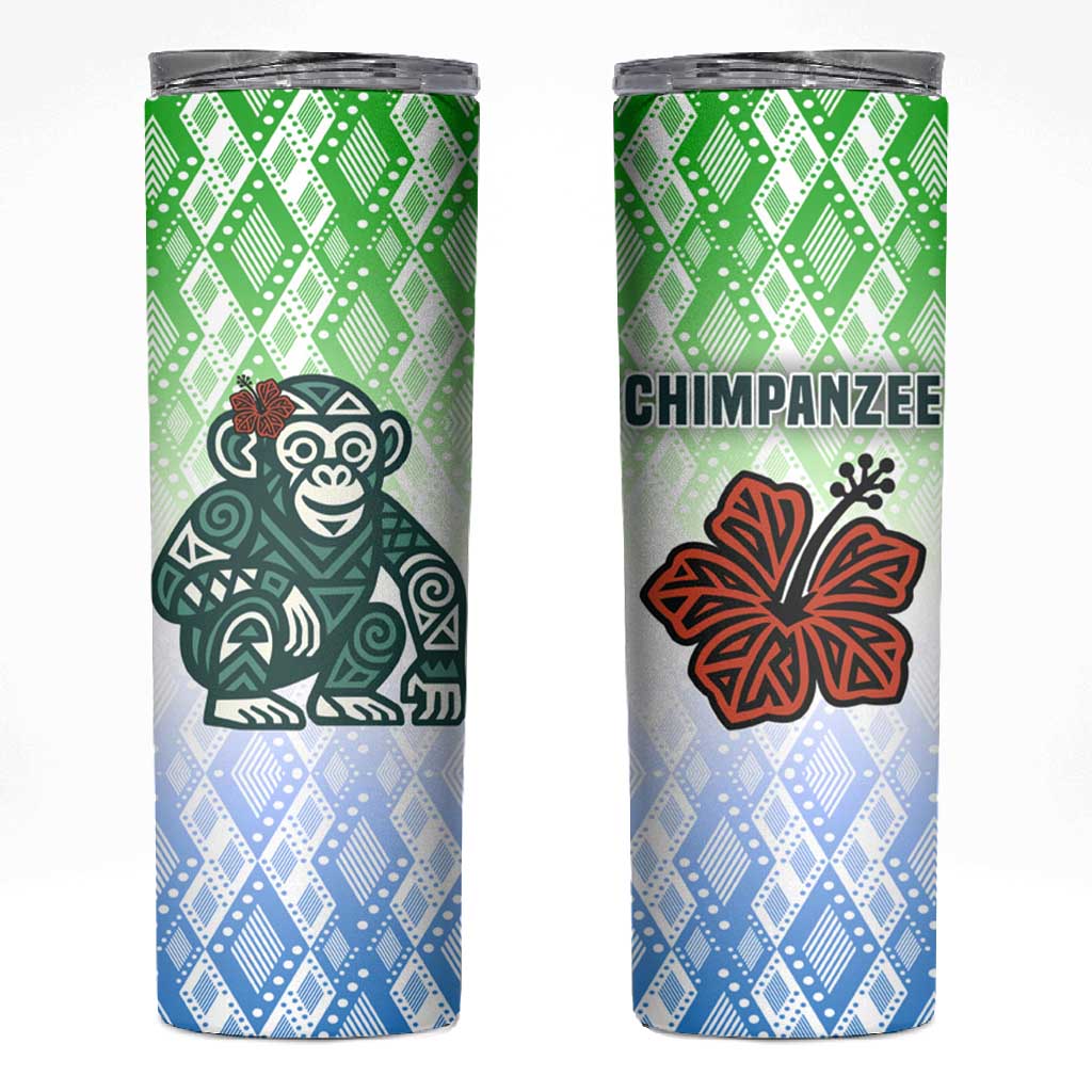 Sierra Leone Skinny Tumbler - Tribal Chimpanzee Design and Green Blue Gradient Pattern