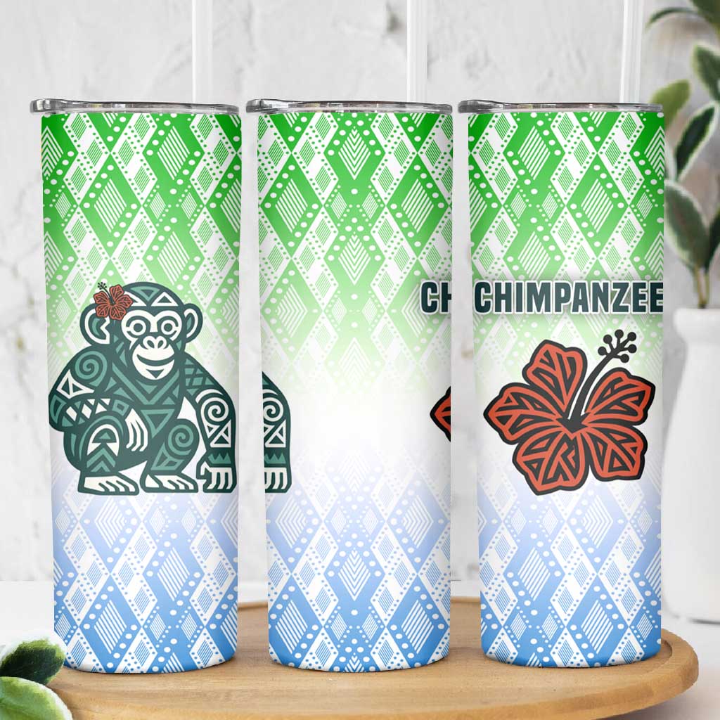 Sierra Leone Skinny Tumbler - Tribal Chimpanzee Design and Green Blue Gradient Pattern