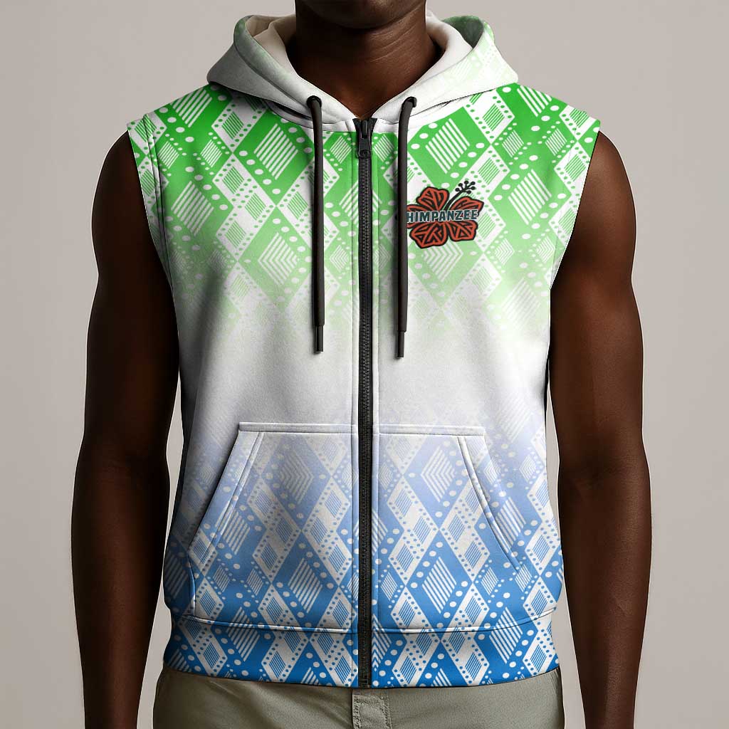 Sierra Leone Sleeveless Zip Hoodie - Tribal Chimpanzee Design and Green Blue Gradient Pattern - African Pride