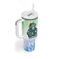 Sierra Leone Tumbler With Handle - Tribal Chimpanzee Design and Green Blue Gradient Pattern