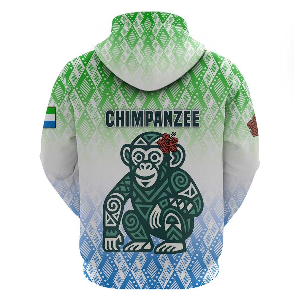 Sierra Leone Zip Hoodie - Tribal Chimpanzee Design and Green Blue Gradient Pattern