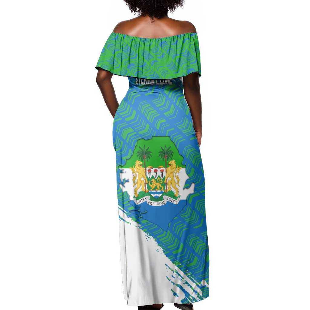 Sierra Leone Crest Off Shoulder Maxi Dress with National Coat of Arms and Flag Colors