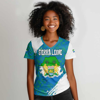 Sierra Leone Crest Women V-Neck T-Shirt with National Coat of Arms and Flag Colors