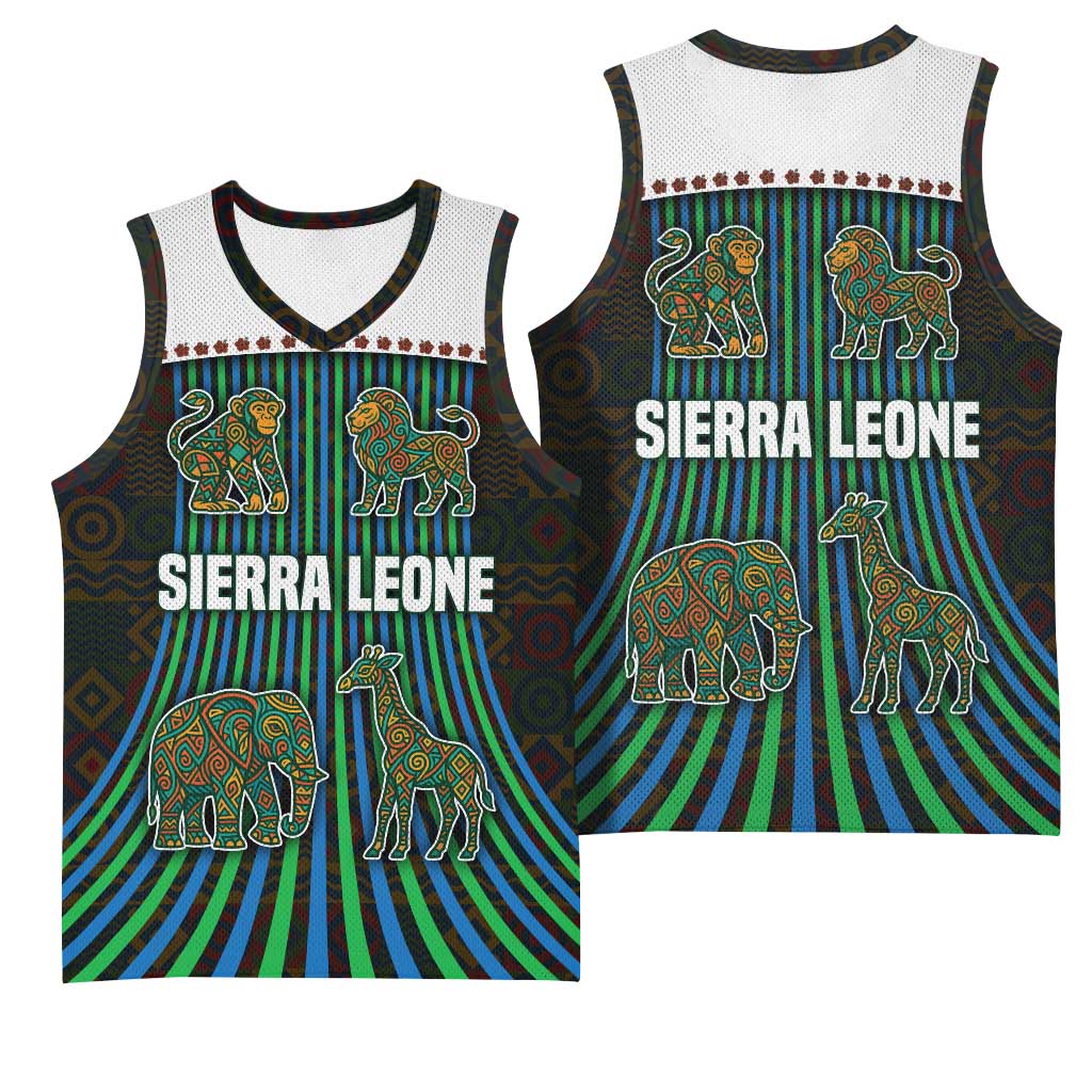 Sierra Leone Basketball Jersey - Tribal Animal Pattern Featuring Lion Elephant Giraffe and Monkey TS04