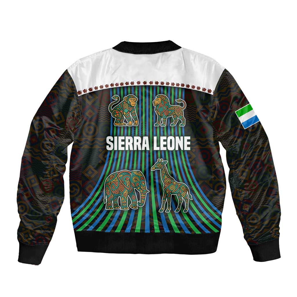 Sierra Leone Bomber Jacket - Tribal Animal Pattern Featuring Lion Elephant Giraffe and Monkey