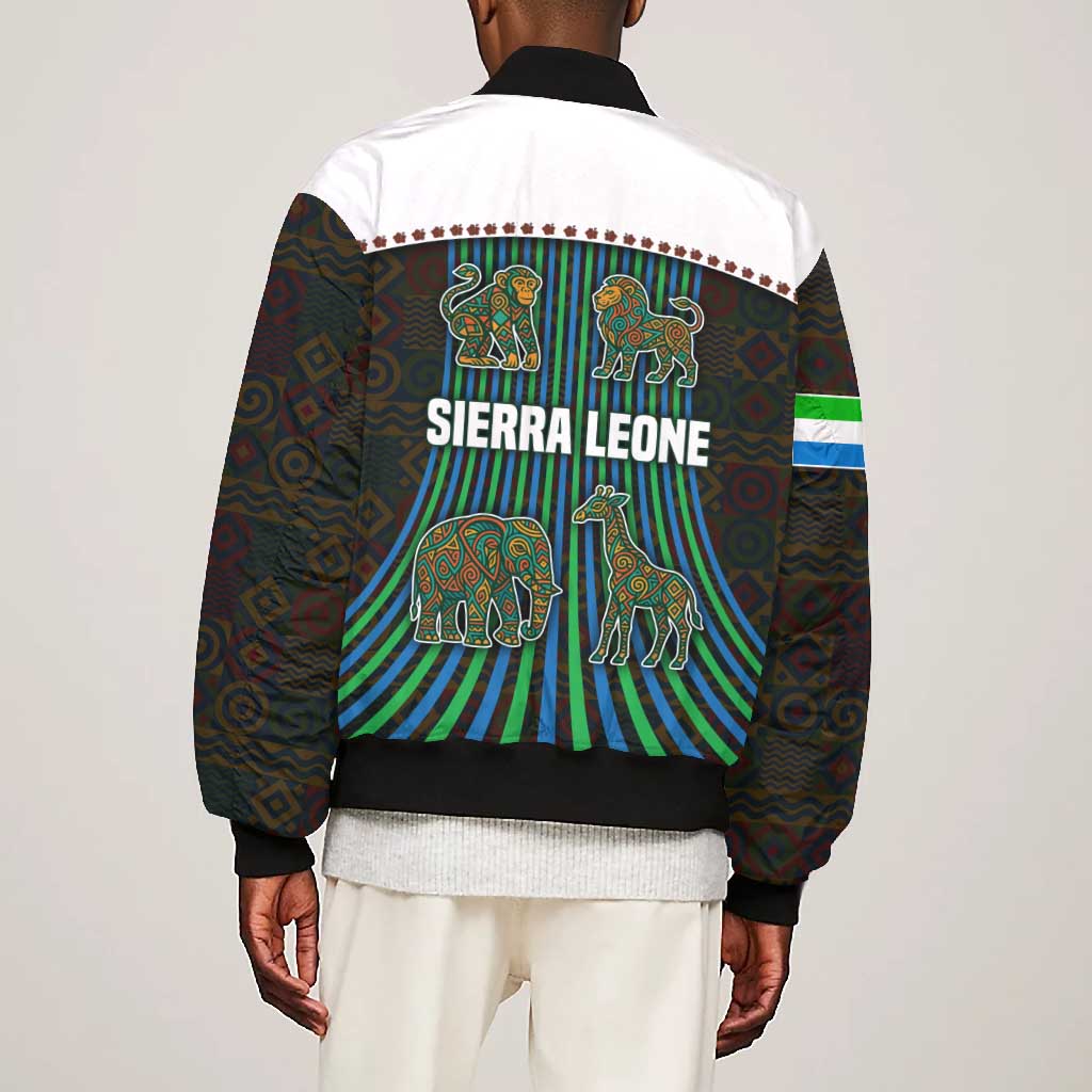 Sierra Leone Bomber Jacket - Tribal Animal Pattern Featuring Lion Elephant Giraffe and Monkey
