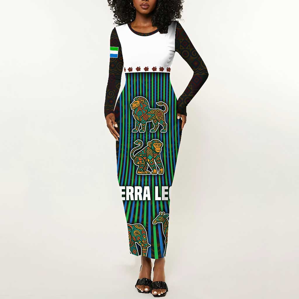 Sierra Leone Long Sleeve Bodycon Dress - Tribal Animal Pattern Featuring Lion Elephant Giraffe and Monkey