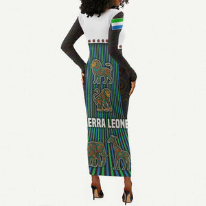 Sierra Leone Long Sleeve Bodycon Dress - Tribal Animal Pattern Featuring Lion Elephant Giraffe and Monkey