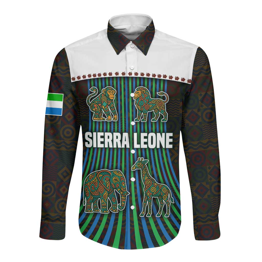 Sierra Leone Long Sleeve Button Shirt - Tribal Animal Pattern Featuring Lion Elephant Giraffe and Monkey