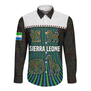 Sierra Leone Long Sleeve Button Shirt - Tribal Animal Pattern Featuring Lion Elephant Giraffe and Monkey