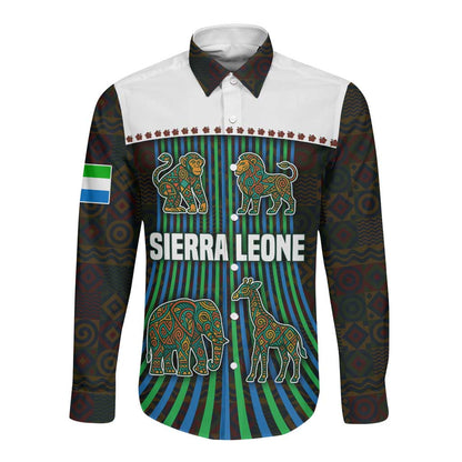 Sierra Leone Long Sleeve Button Shirt - Tribal Animal Pattern Featuring Lion Elephant Giraffe and Monkey