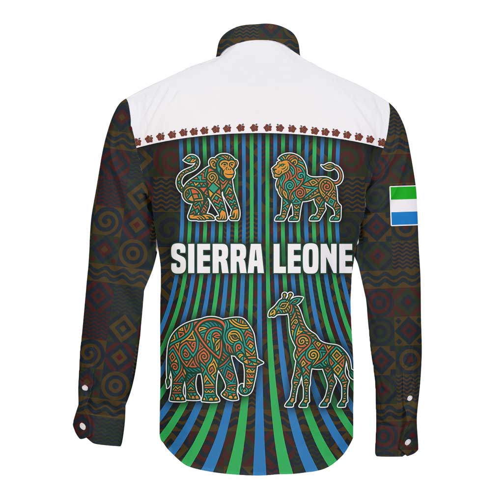 Sierra Leone Long Sleeve Button Shirt - Tribal Animal Pattern Featuring Lion Elephant Giraffe and Monkey