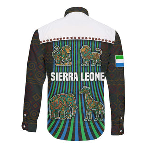 Sierra Leone Long Sleeve Button Shirt - Tribal Animal Pattern Featuring Lion Elephant Giraffe and Monkey