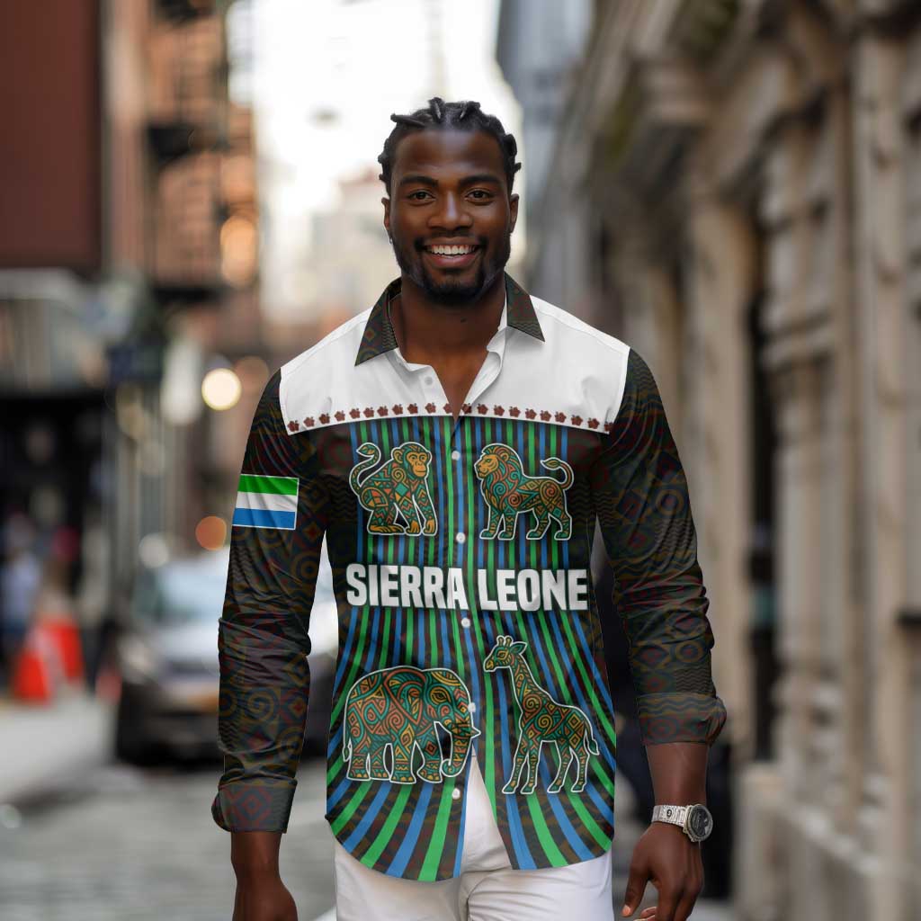 Sierra Leone Long Sleeve Button Shirt - Tribal Animal Pattern Featuring Lion Elephant Giraffe and Monkey
