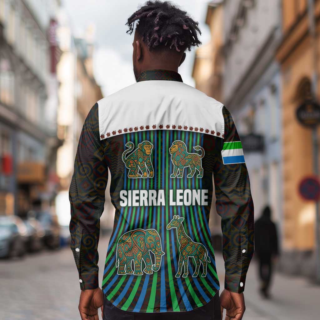 Sierra Leone Long Sleeve Button Shirt - Tribal Animal Pattern Featuring Lion Elephant Giraffe and Monkey