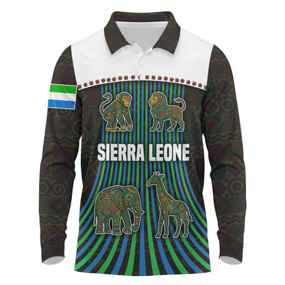 Sierra Leone Long Sleeve Polo Shirt - Tribal Animal Pattern Featuring Lion Elephant Giraffe and Monkey